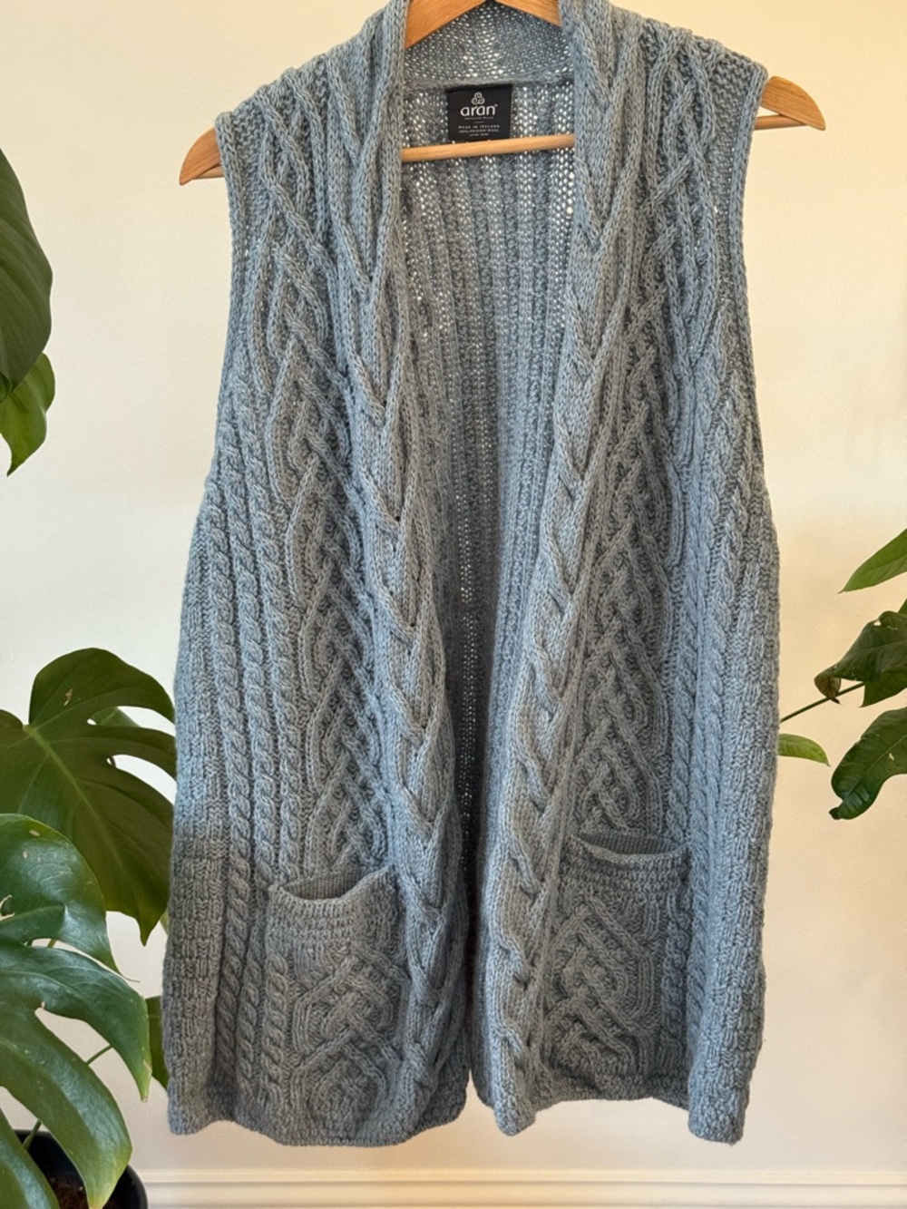 Aran Woolen Mills Open-Front Cable Knit Vest Cardigan in Dusty Teal - Picture 2 of 6